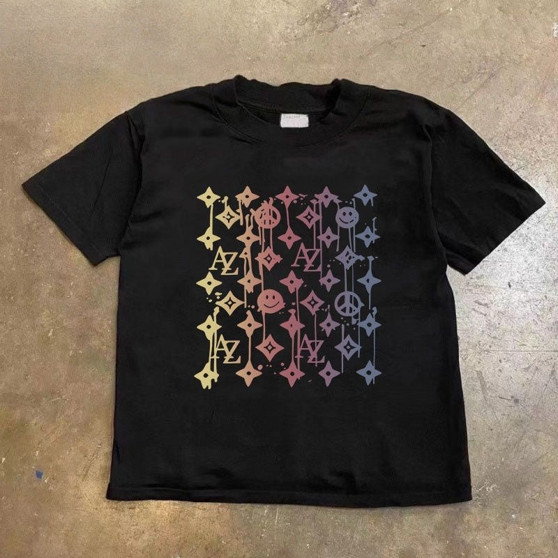 【#A450】Gradient Graffiti Clover Smiley Short Sleeve T-Shirt, American Street Loose Unisex Tee