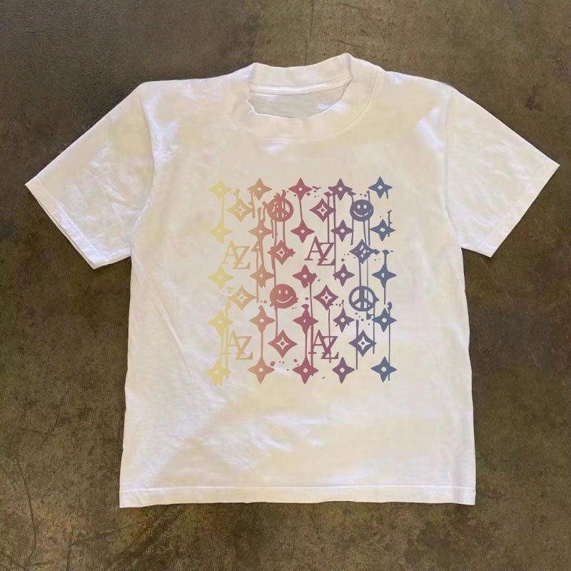 【#A450】Gradient Graffiti Clover Smiley Short Sleeve T-Shirt, American Street Loose Unisex Tee