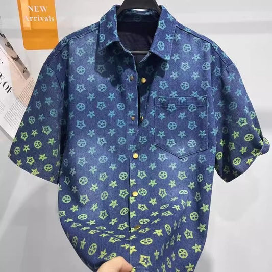 【#A451】Gradient Color Four-pointed Star All Over Print Denim Short Sleeve Shirt, Men Loose Vintage Lapel Blouse