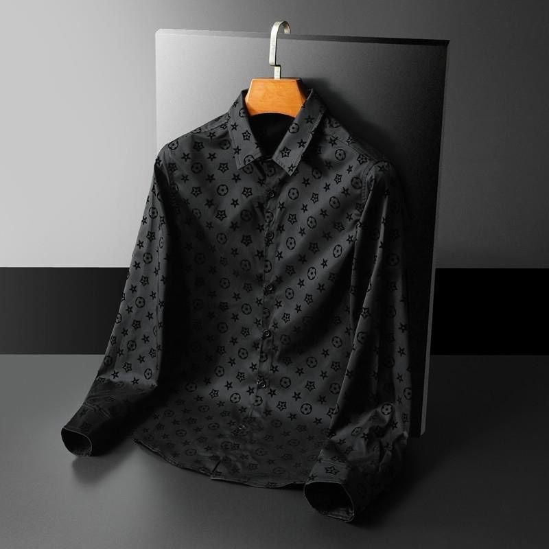 Men Black Flocked Star Pattern Long Sleeve Shirt, Wrinkle Resistant Slim Lapel Casual Blouse