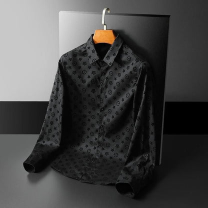 Men Black Flocked Star Pattern Long Sleeve Shirt, Wrinkle Resistant Slim Lapel Casual Blouse