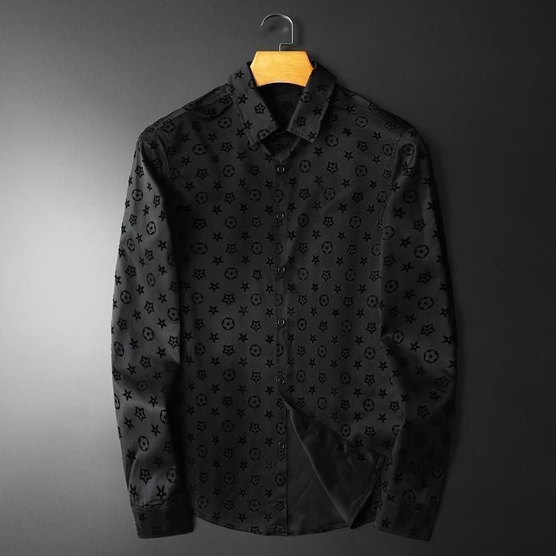 Men Black Flocked Star Pattern Long Sleeve Shirt, Wrinkle Resistant Slim Lapel Casual Blouse