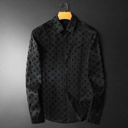 Men Black Flocked Star Pattern Long Sleeve Shirt, Wrinkle Resistant Slim Lapel Casual Blouse
