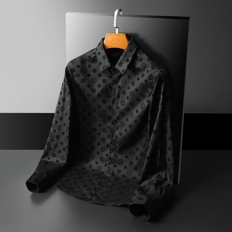 Men Black Flocked Star Pattern Long Sleeve Shirt, Wrinkle Resistant Slim Lapel Casual Blouse