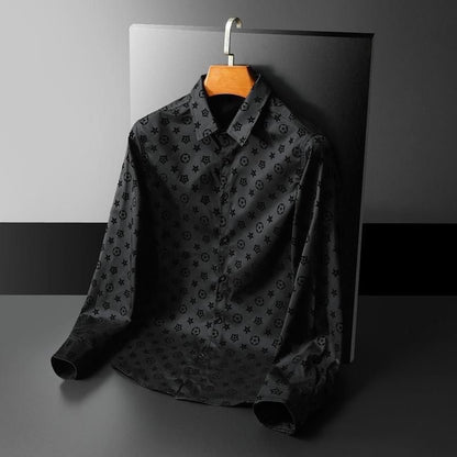 Men Black Flocked Star Pattern Long Sleeve Shirt, Wrinkle Resistant Slim Lapel Casual Blouse