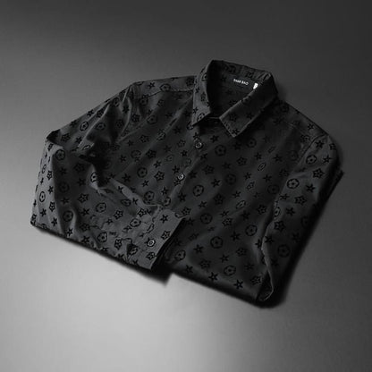 Men Black Flocked Star Pattern Long Sleeve Shirt, Wrinkle Resistant Slim Lapel Casual Blouse