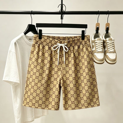 Vintage Interlocking All Over Print 5 Inch Shorts, Unisex Drawstring Loose Straight Casual Sweat Shorts