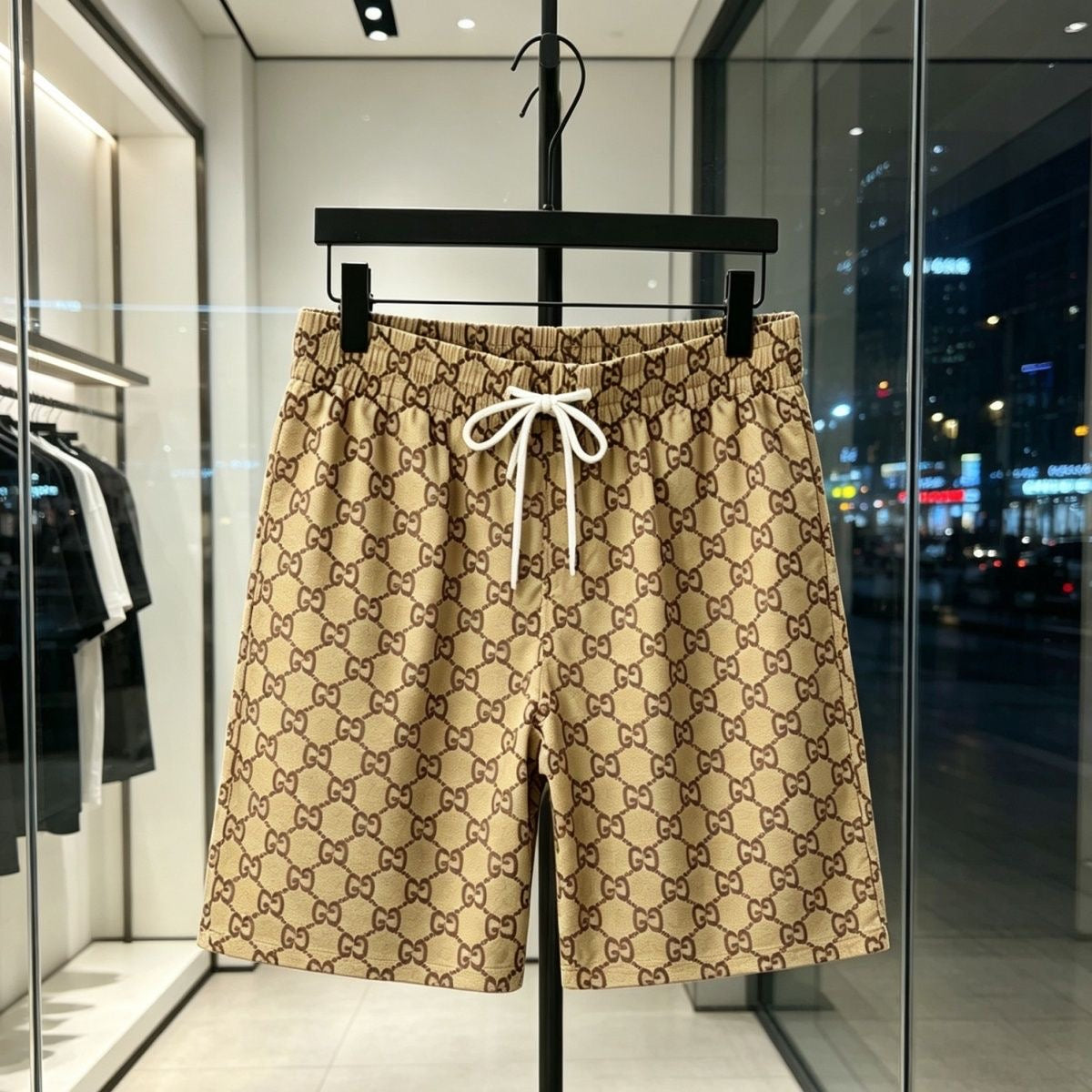Vintage Interlocking All Over Print 5 Inch Shorts, Unisex Drawstring Loose Straight Casual Sweat Shorts