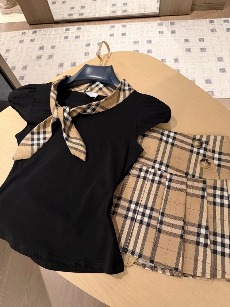 【#A454】Vintage Plaid Tie Short Sleeve Pleated Skirt Two Piece Set, Preppy Slim Fit Outfit