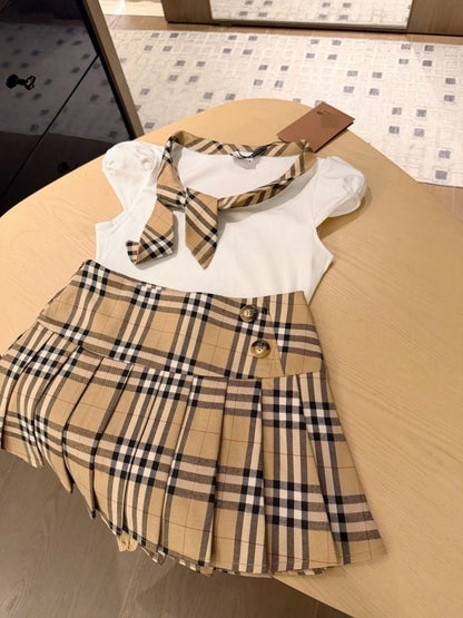 【#A454】Vintage Plaid Tie Short Sleeve Pleated Skirt Two Piece Set, Preppy Slim Fit Outfit