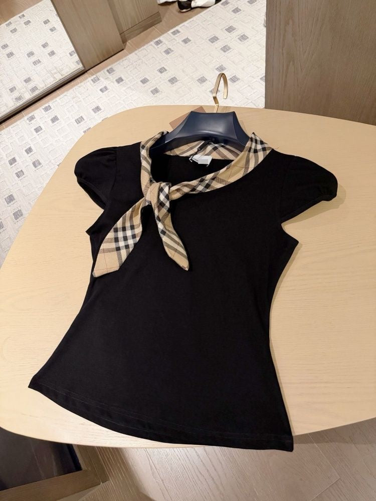 【#A454】Vintage Plaid Tie Short Sleeve Pleated Skirt Two Piece Set, Preppy Slim Fit Outfit