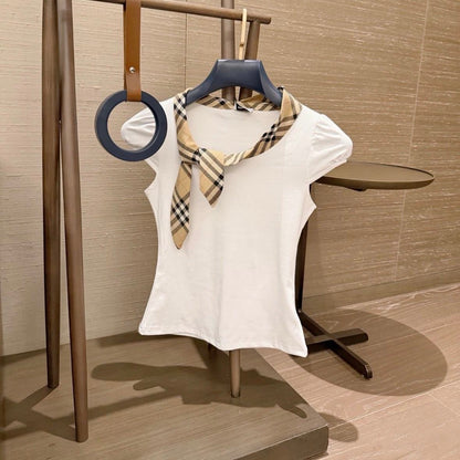 【#A454】Vintage Plaid Tie Short Sleeve Pleated Skirt Two Piece Set, Preppy Slim Fit Outfit