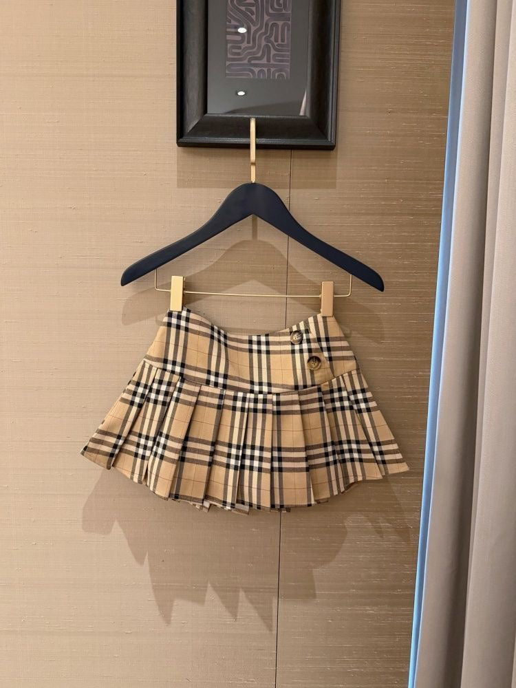 【#A454】Vintage Plaid Tie Short Sleeve Pleated Skirt Two Piece Set, Preppy Slim Fit Outfit