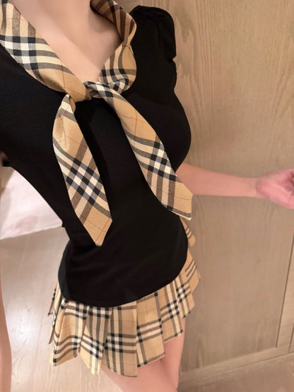 【#A454】Vintage Plaid Tie Short Sleeve Pleated Skirt Two Piece Set, Preppy Slim Fit Outfit