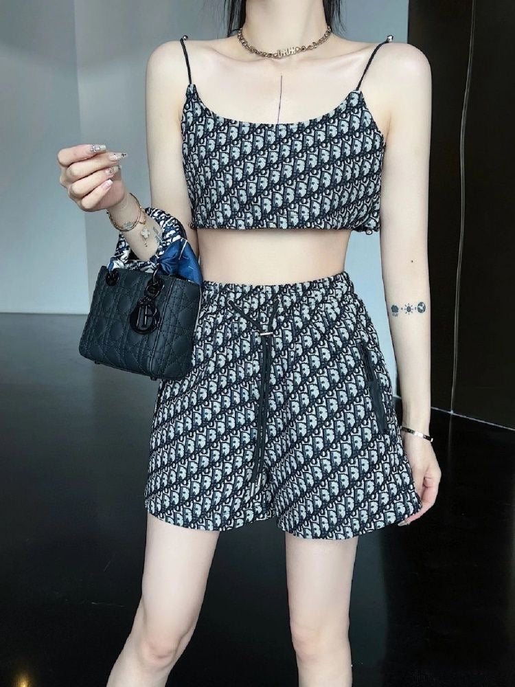 【#A455】Vintage All Print Thin Strap Cami & Shorts Two Piece Set, Y2K Waist Cut Loungewear Outfit