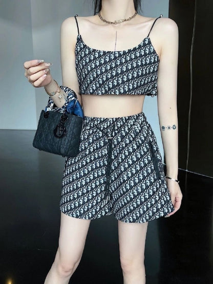 【#A455】Vintage All Print Thin Strap Cami & Shorts Two Piece Set, Y2K Waist Cut Loungewear Outfit
