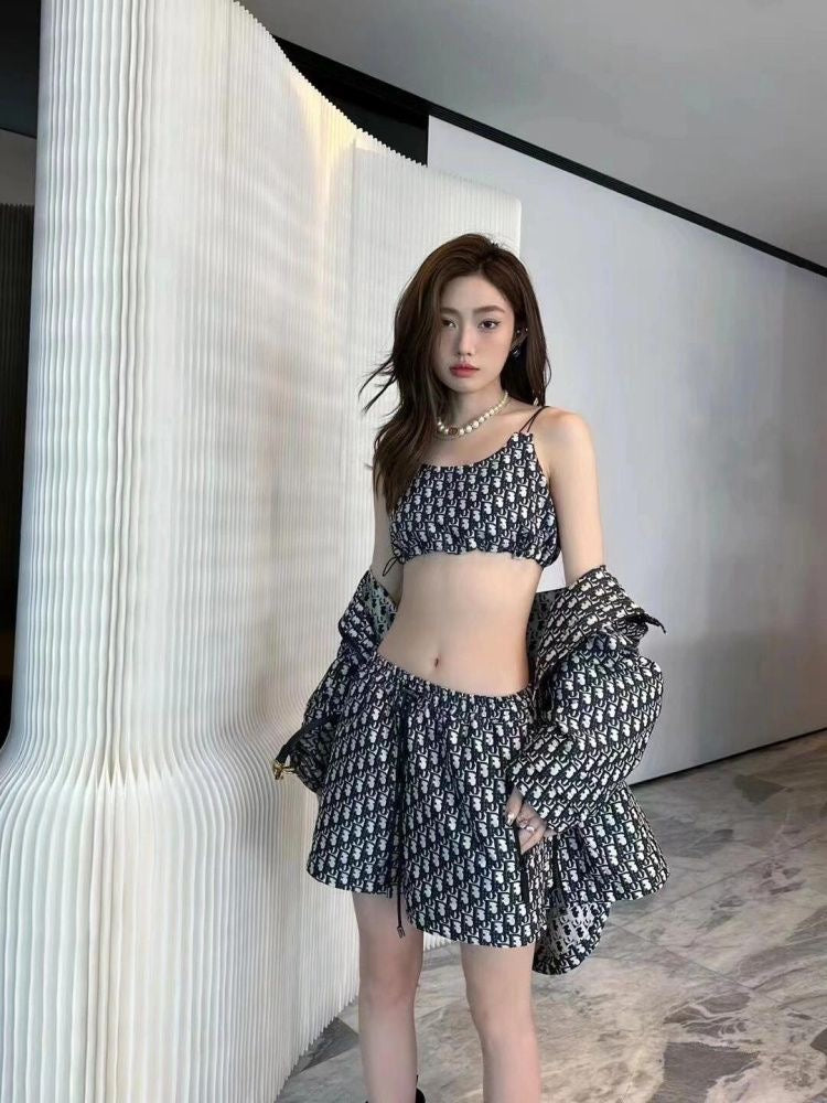 【#A455】Vintage All Print Thin Strap Cami & Shorts Two Piece Set, Y2K Waist Cut Loungewear Outfit