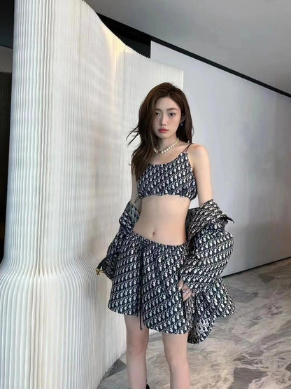 【#A455】Vintage All Print Thin Strap Cami & Shorts Two Piece Set, Y2K Waist Cut Loungewear Outfit