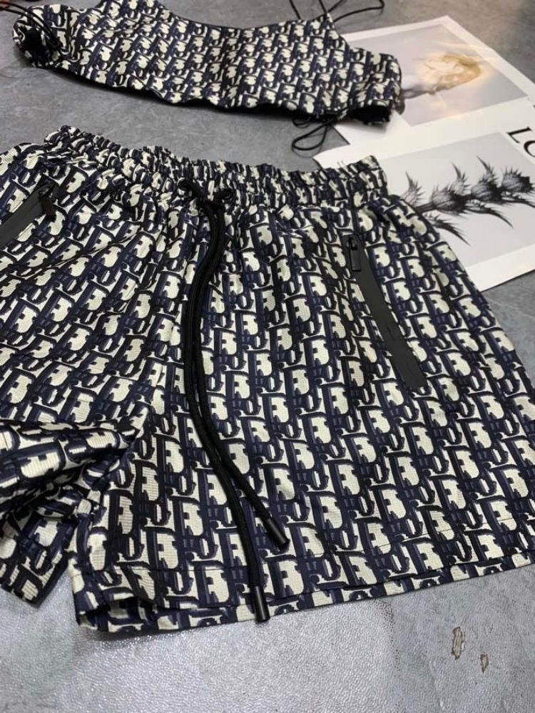 【#A455】Vintage All Print Thin Strap Cami & Shorts Two Piece Set, Y2K Waist Cut Loungewear Outfit