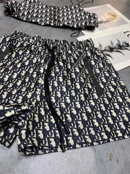 【#A455】Vintage All Print Thin Strap Cami & Shorts Two Piece Set, Y2K Waist Cut Loungewear Outfit