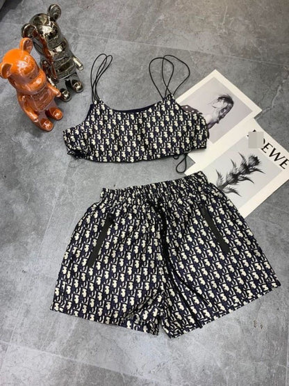【#A455】Vintage All Print Thin Strap Cami & Shorts Two Piece Set, Y2K Waist Cut Loungewear Outfit