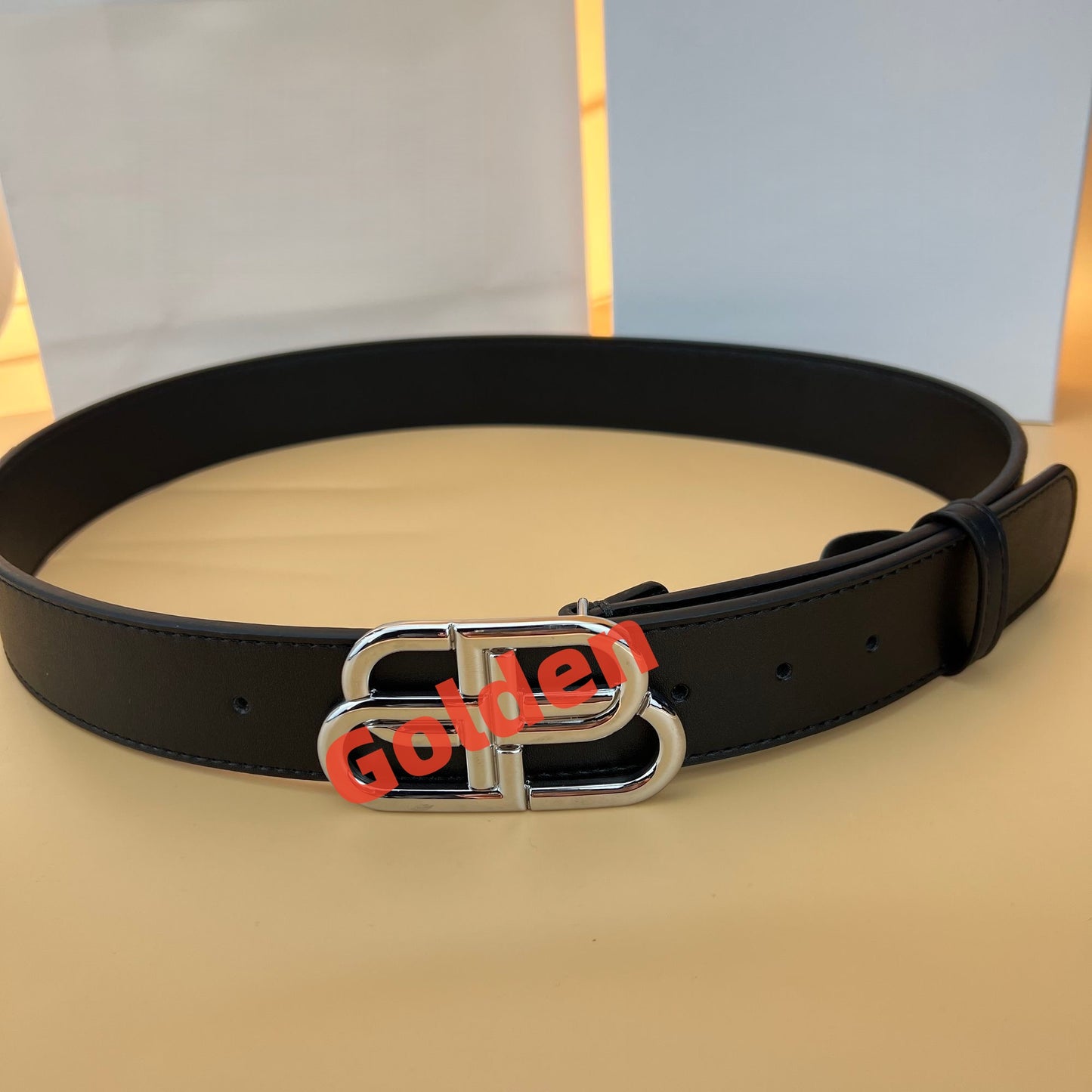 【#A457】Double Loop Geometric Metal Buckle Leather Belt, Unisex Minimalist Business Decor Waist Strap
