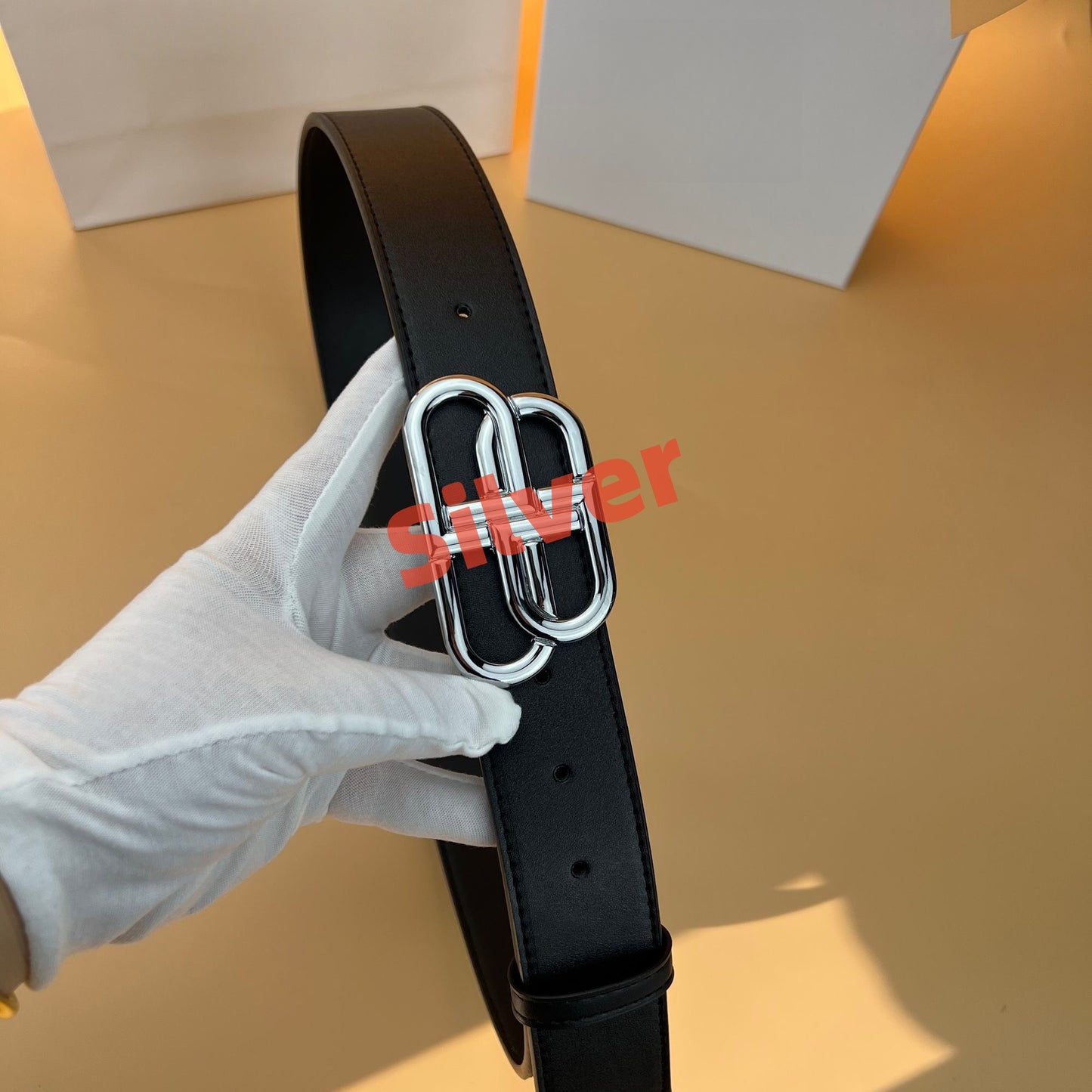 【#A457】Double Loop Geometric Metal Buckle Leather Belt, Unisex Minimalist Business Decor Waist Strap