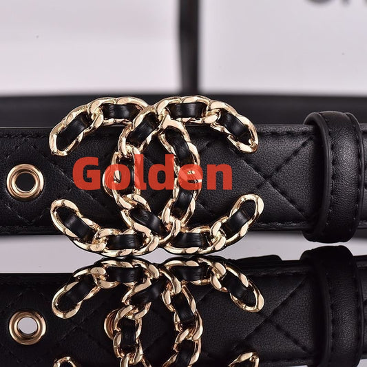 【#A458】Quilted Leather Thin Belt With Chain Inlaid Metal Buckle, Women Vintage Luxury Decor Waist Strap
