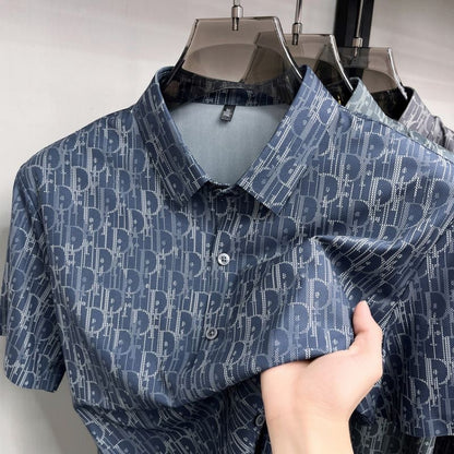 【#A459】Men All Over Hidden Print Ice Silk Short Sleeve Shirt, Wrinkle Resistant Draped Lapel Business Blouse