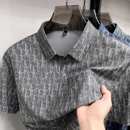 【#A459】Men All Over Hidden Print Ice Silk Short Sleeve Shirt, Wrinkle Resistant Draped Lapel Business Blouse