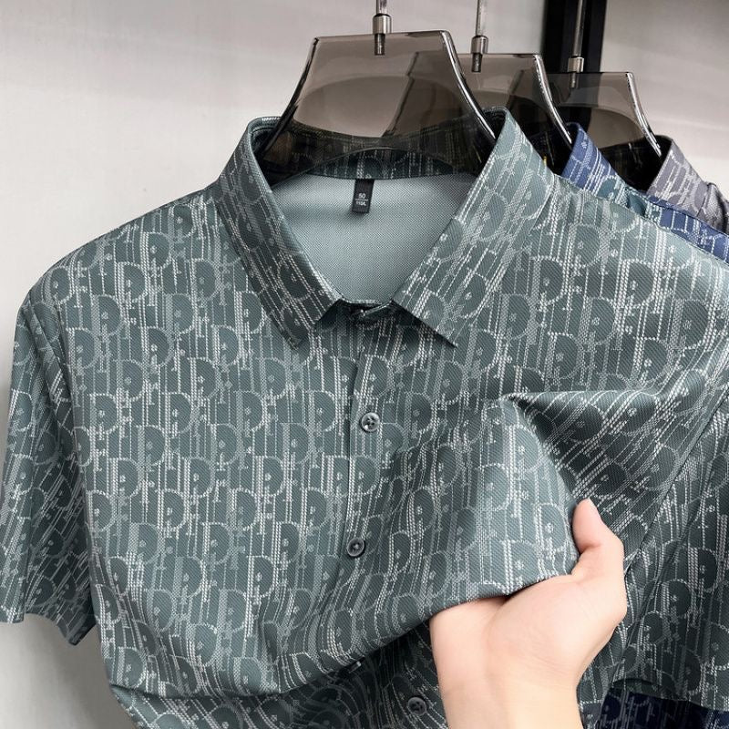 【#A459】Men All Over Hidden Print Ice Silk Short Sleeve Shirt, Wrinkle Resistant Draped Lapel Business Blouse