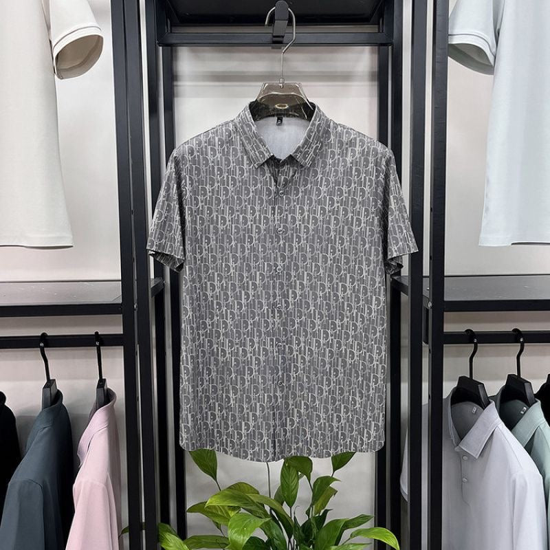 【#A459】Men All Over Hidden Print Ice Silk Short Sleeve Shirt, Wrinkle Resistant Draped Lapel Business Blouse