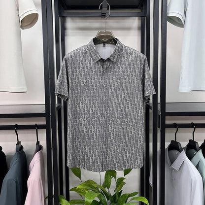 【#A459】Men All Over Hidden Print Ice Silk Short Sleeve Shirt, Wrinkle Resistant Draped Lapel Business Blouse