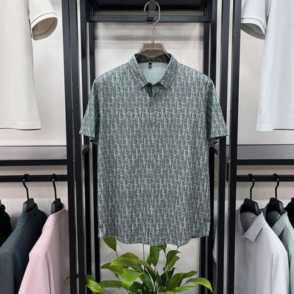 【#A459】Men All Over Hidden Print Ice Silk Short Sleeve Shirt, Wrinkle Resistant Draped Lapel Business Blouse