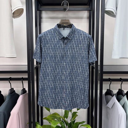 【#A459】Men All Over Hidden Print Ice Silk Short Sleeve Shirt, Wrinkle Resistant Draped Lapel Business Blouse
