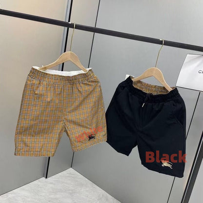 【#A461】Vintage Check Trim Embroidered 5 Inch Shorts, Unisex Reversible Loose Drawstring Casual Pants