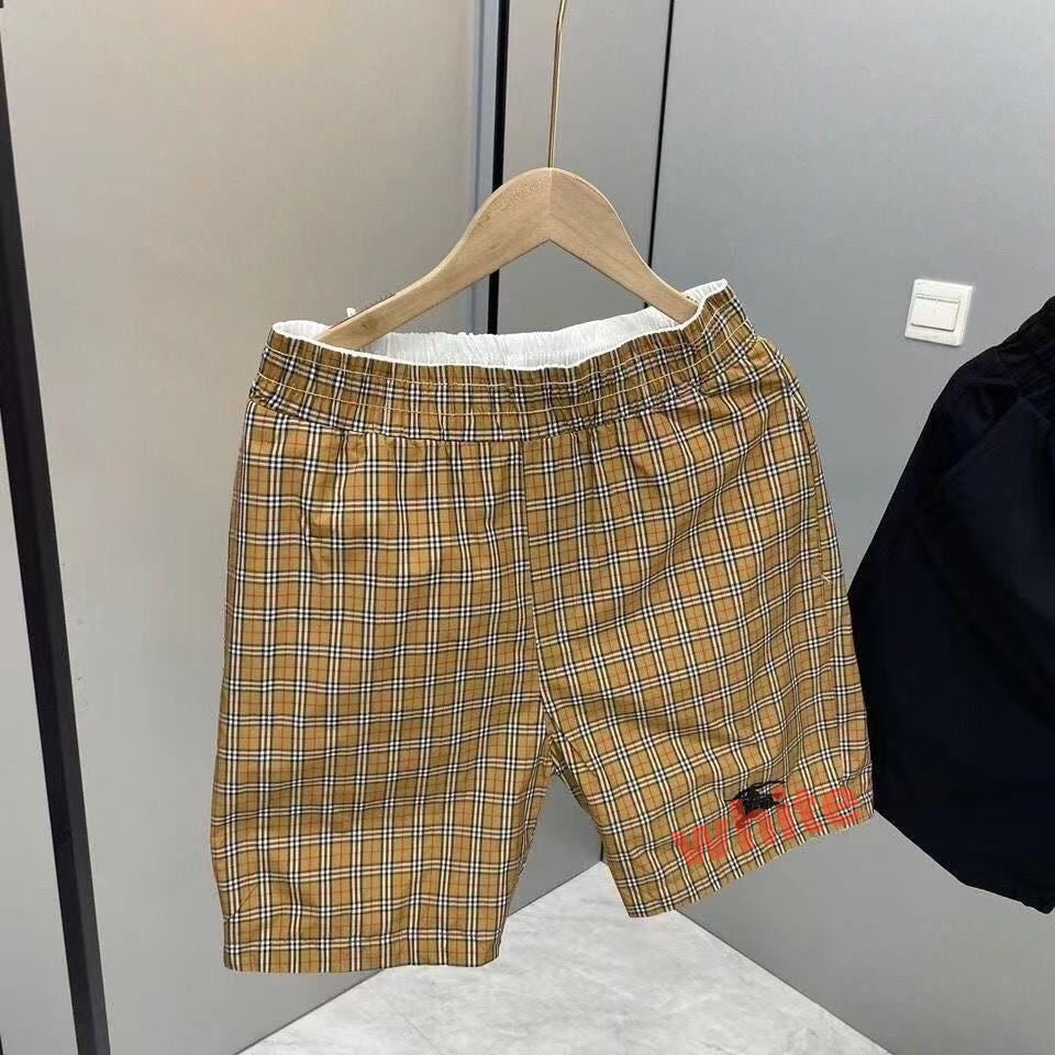 【#A461】Vintage Check Trim Embroidered 5 Inch Shorts, Unisex Reversible Loose Drawstring Casual Pants