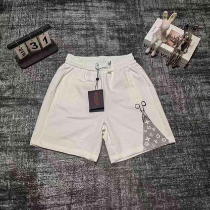 【#A462】Scissors Patch Monogram Print 5 Inch Sweat Shorts, Unisex Loose Drawstring Sports Pants