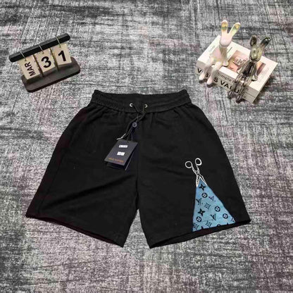 【#A462】Scissors Patch Monogram Print 5 Inch Sweat Shorts, Unisex Loose Drawstring Sports Pants