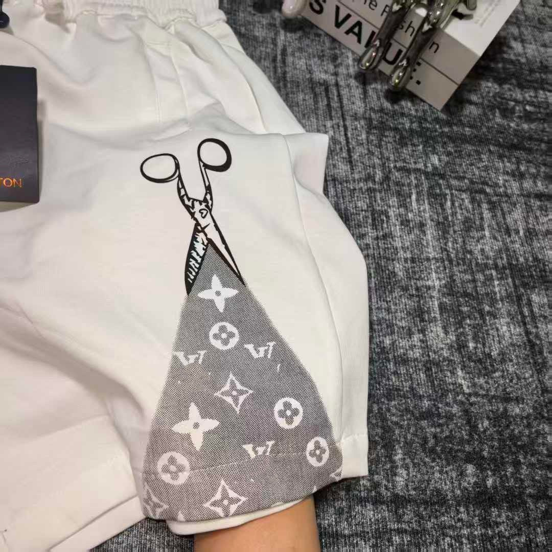 【#A462】Scissors Patch Monogram Print 5 Inch Sweat Shorts, Unisex Loose Drawstring Sports Pants