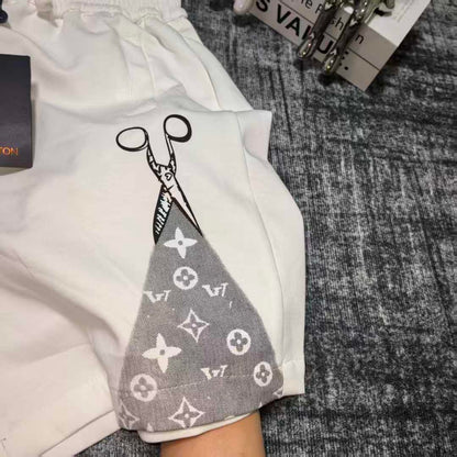【#A462】Scissors Patch Monogram Print 5 Inch Sweat Shorts, Unisex Loose Drawstring Sports Pants