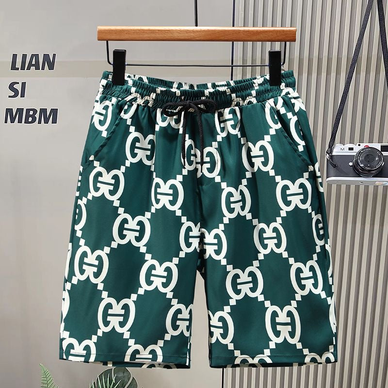 【#A464】Vintage Interlock All Print 5 Inch Shorts, Unisex Drawstring Loose Quick Dry Beach Pants