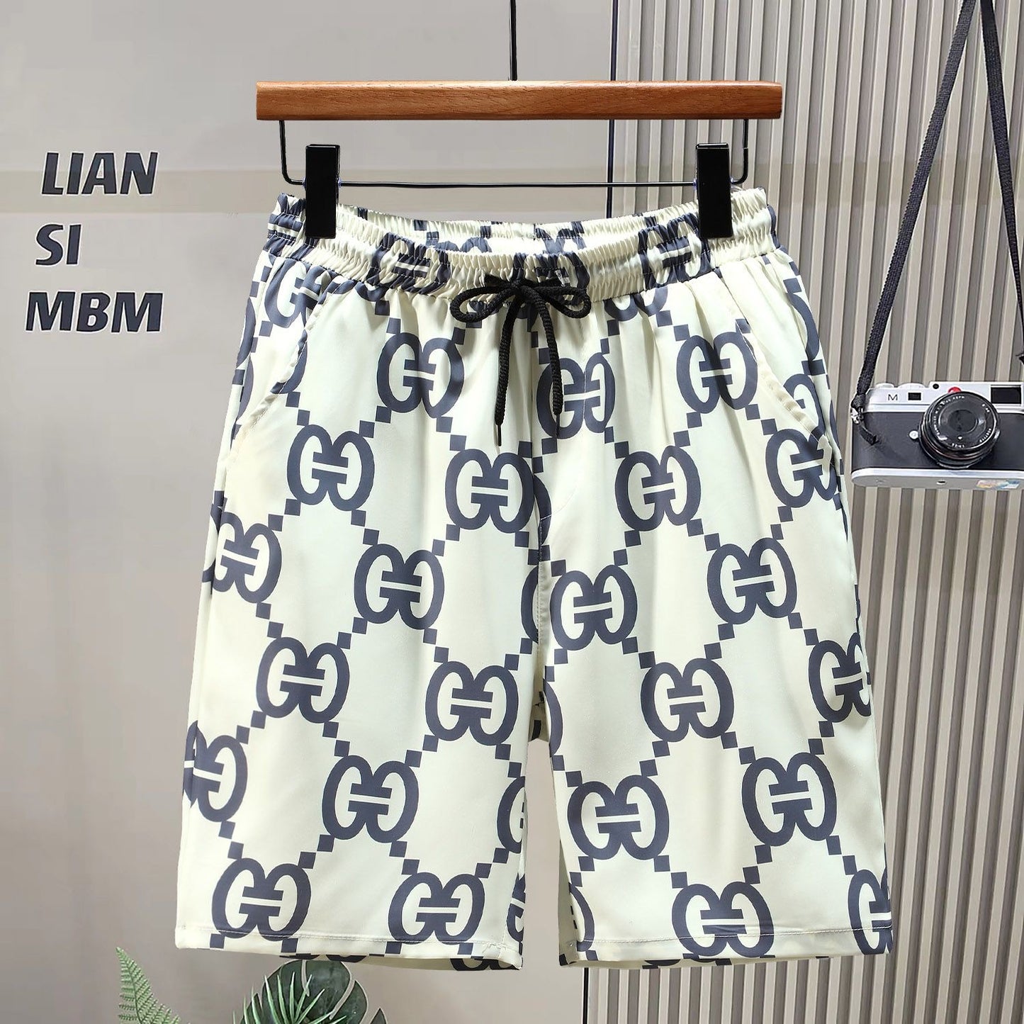 【#A464】Vintage Interlock All Print 5 Inch Shorts, Unisex Drawstring Loose Quick Dry Beach Pants