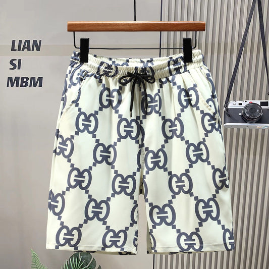 【#A464】Vintage Interlock All Print 5 Inch Shorts, Unisex Drawstring Loose Quick Dry Beach Pants