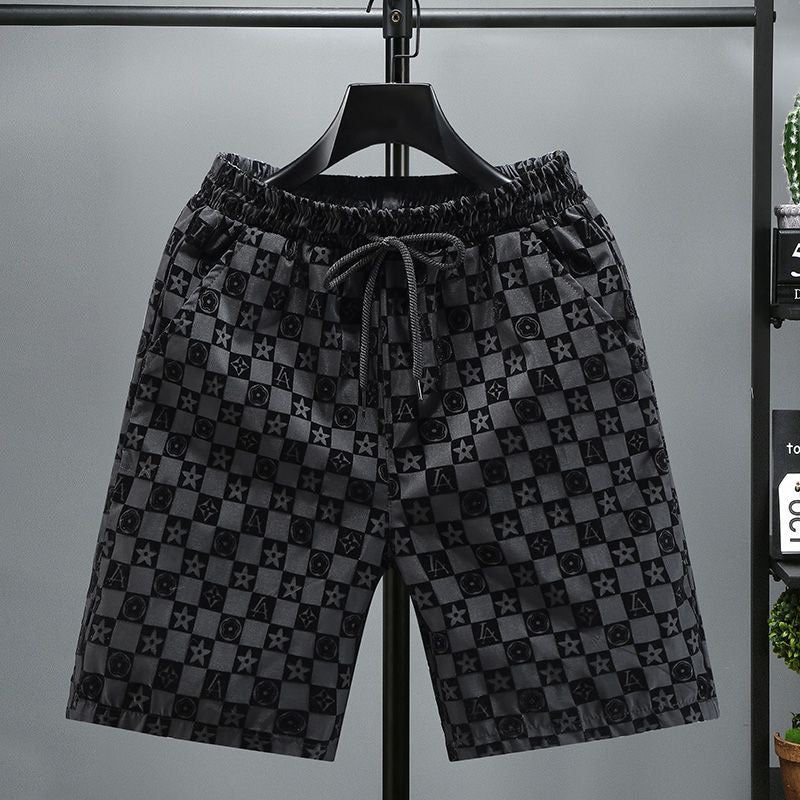 【#A465】Men Black Flocked All Over Print 5 Inch Shorts, Light Quick Dry Drawstring Loose Casual Pants