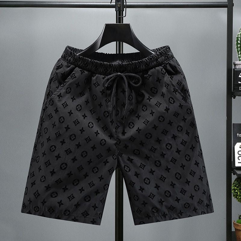 【#A465】Men Black Flocked All Over Print 5 Inch Shorts, Light Quick Dry Drawstring Loose Casual Pants