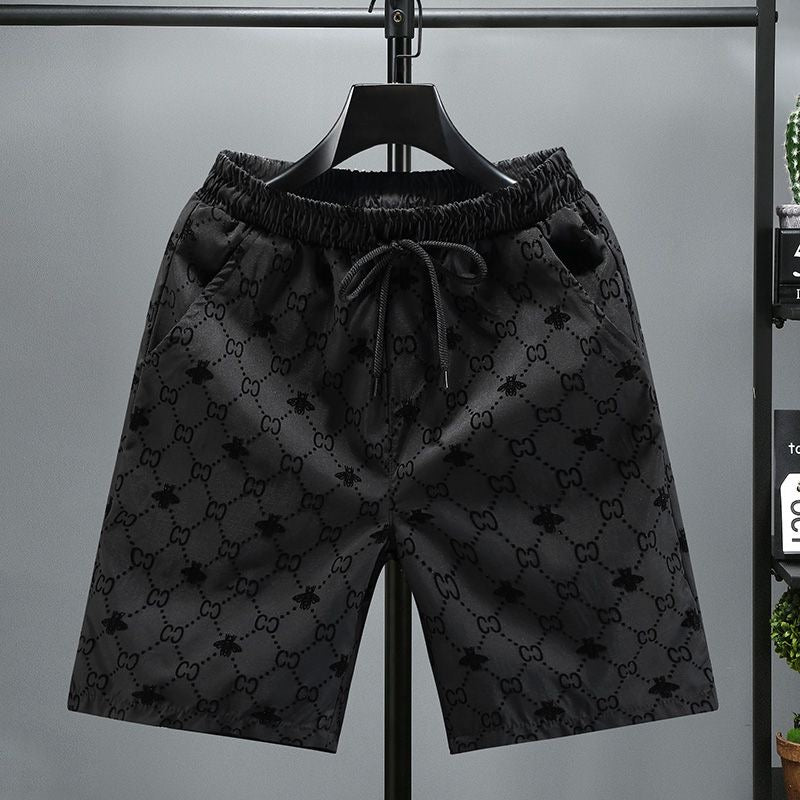 【#A465】Men Black Flocked All Over Print 5 Inch Shorts, Light Quick Dry Drawstring Loose Casual Pants