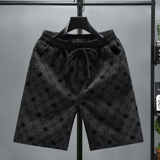 【#A465】Men Black Flocked All Over Print 5 Inch Shorts, Light Quick Dry Drawstring Loose Casual Pants