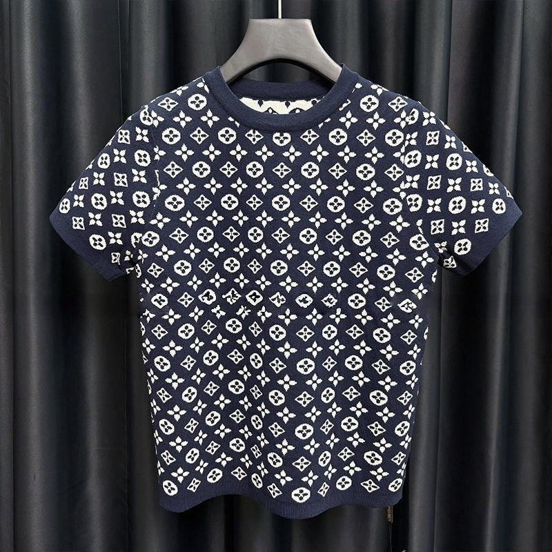 【#A466】Navy All Over Jacquard Knit Short Sleeve Tee, Men Vintage Luxury Crew Neck Slim Top