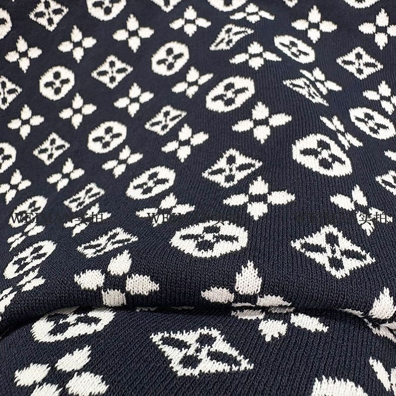 【#A466】Navy All Over Jacquard Knit Short Sleeve Tee, Men Vintage Luxury Crew Neck Slim Top